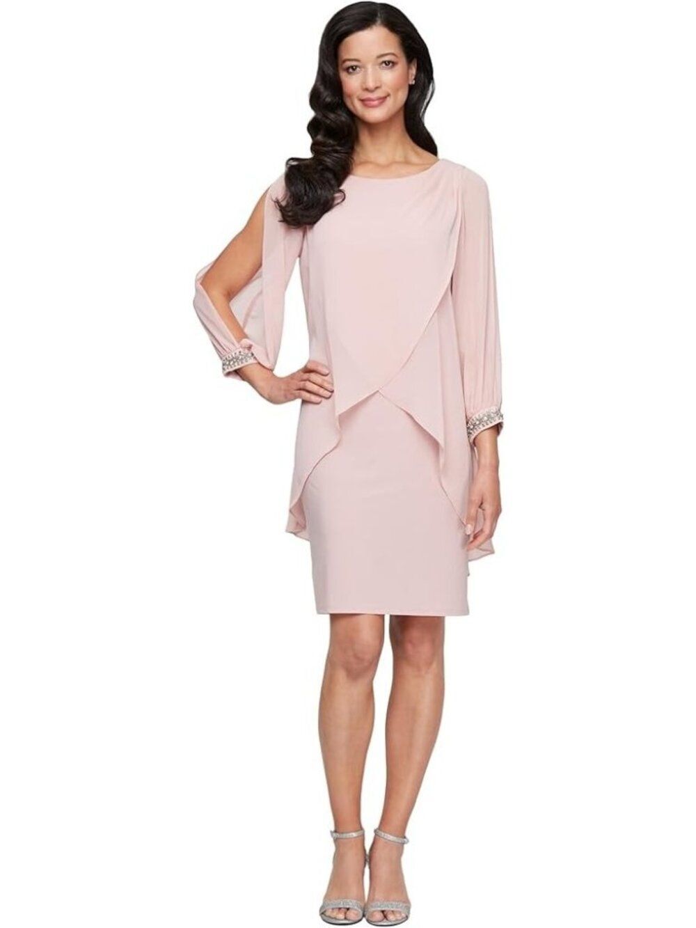 SLNY Women's Tulip-Overlay Split Rhinestone Long Sleeve Sheath Dress Size 12